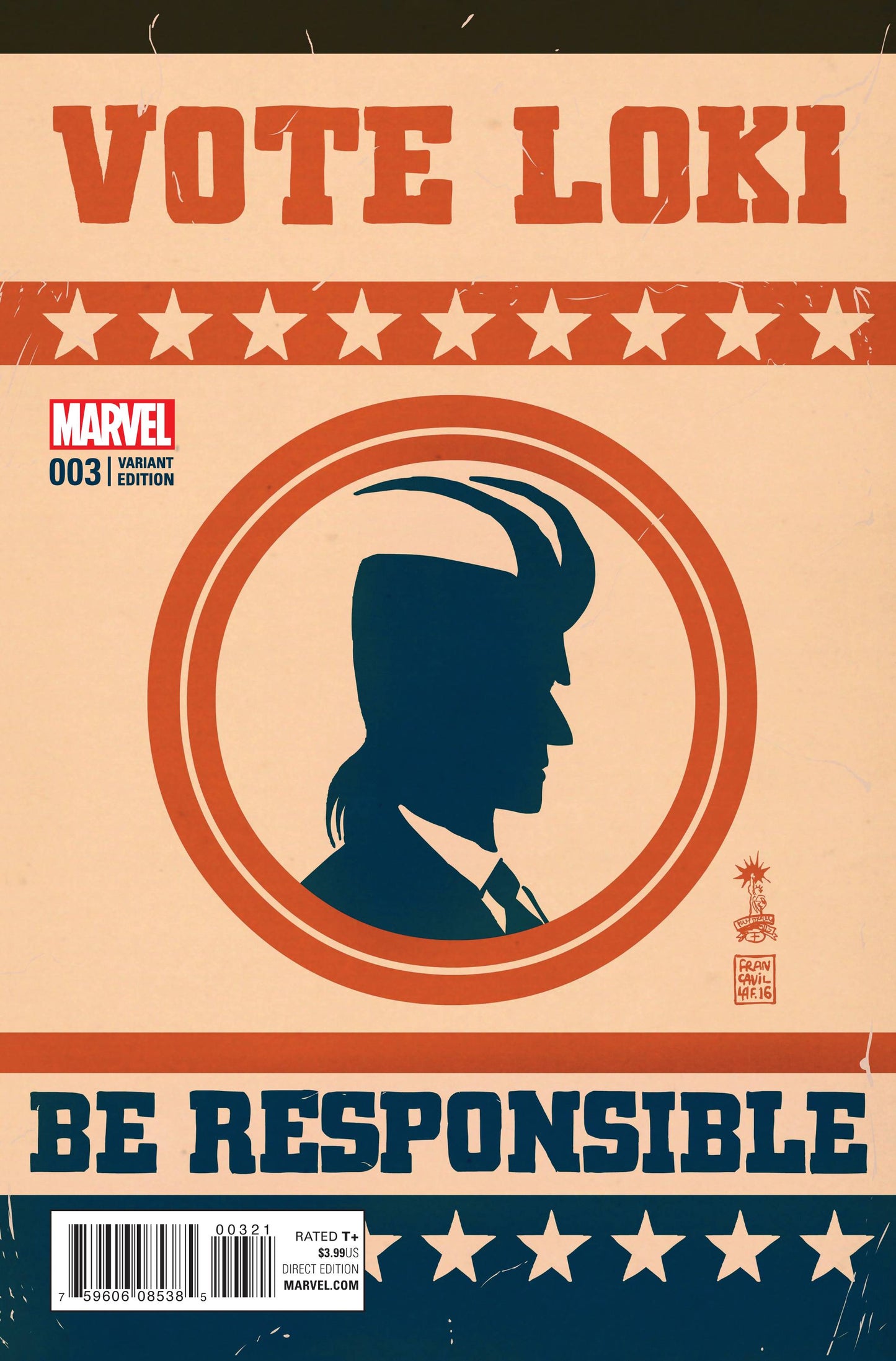 VOTE LOKI #3 FRANCAVILLA 1:25 VARIANT 2016 Thor MARVEL COMICS
