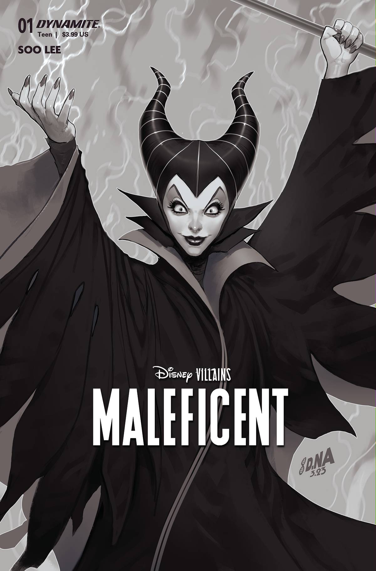 DISNEY VILLAINS MALEFICENT #1 NAKAYAMA 1:10 B&W VARIANT 2023 Maleficent DYNAMITE