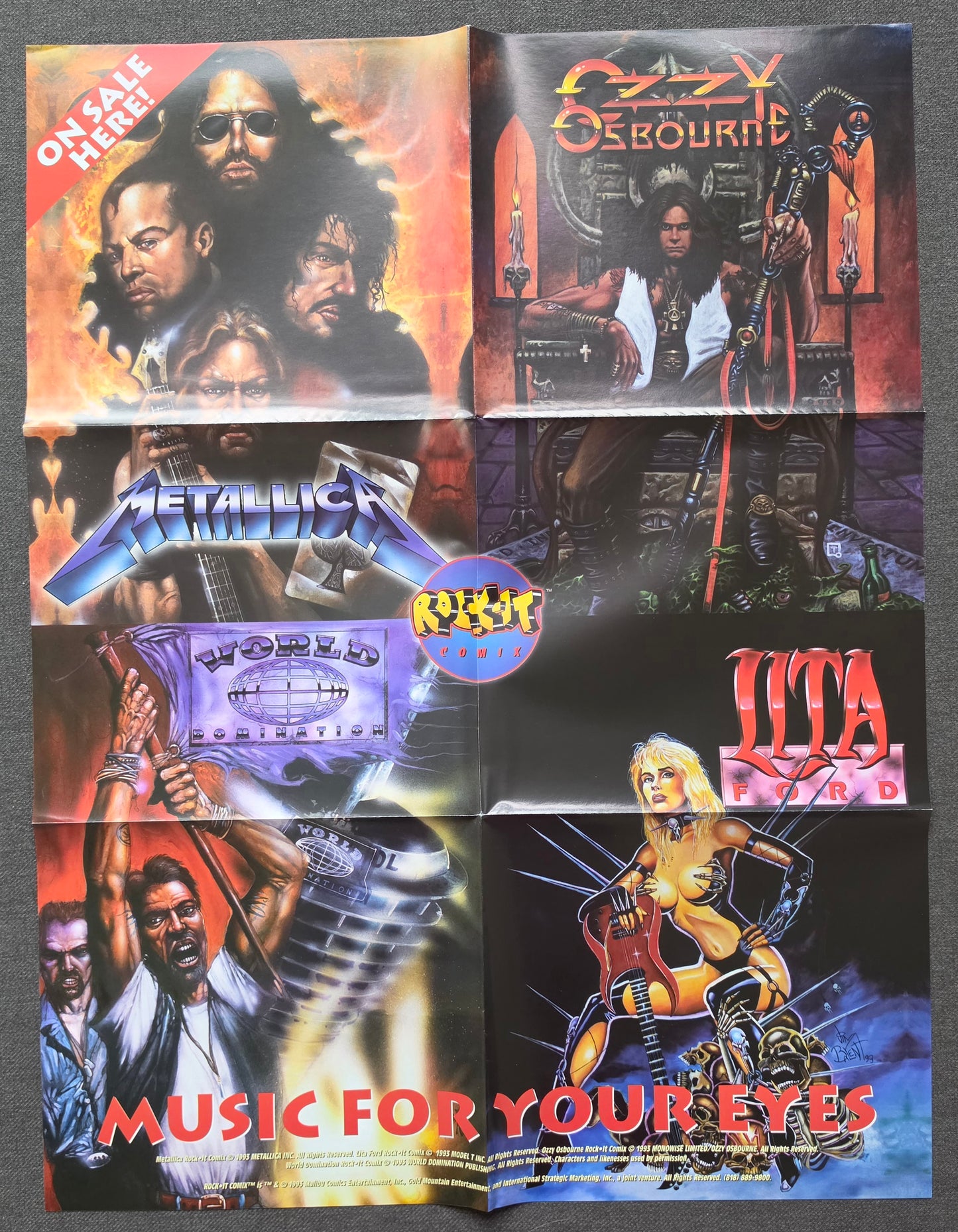 MUSIC FOR YOUR EYES ROCK IT COMIX LITA OZZY METALLICA FOLDED PROMOTIONAL POSTER 1993 Batman DC COMICS