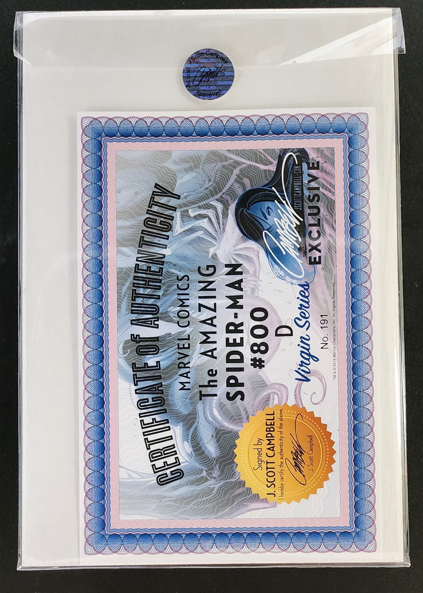 AMAZING SPIDER-MAN #800 VENOM SIGNED J SCOTT CAMPBELL COA VIRGIN VARIANT 2018 Spider-Man MARVEL COMICS