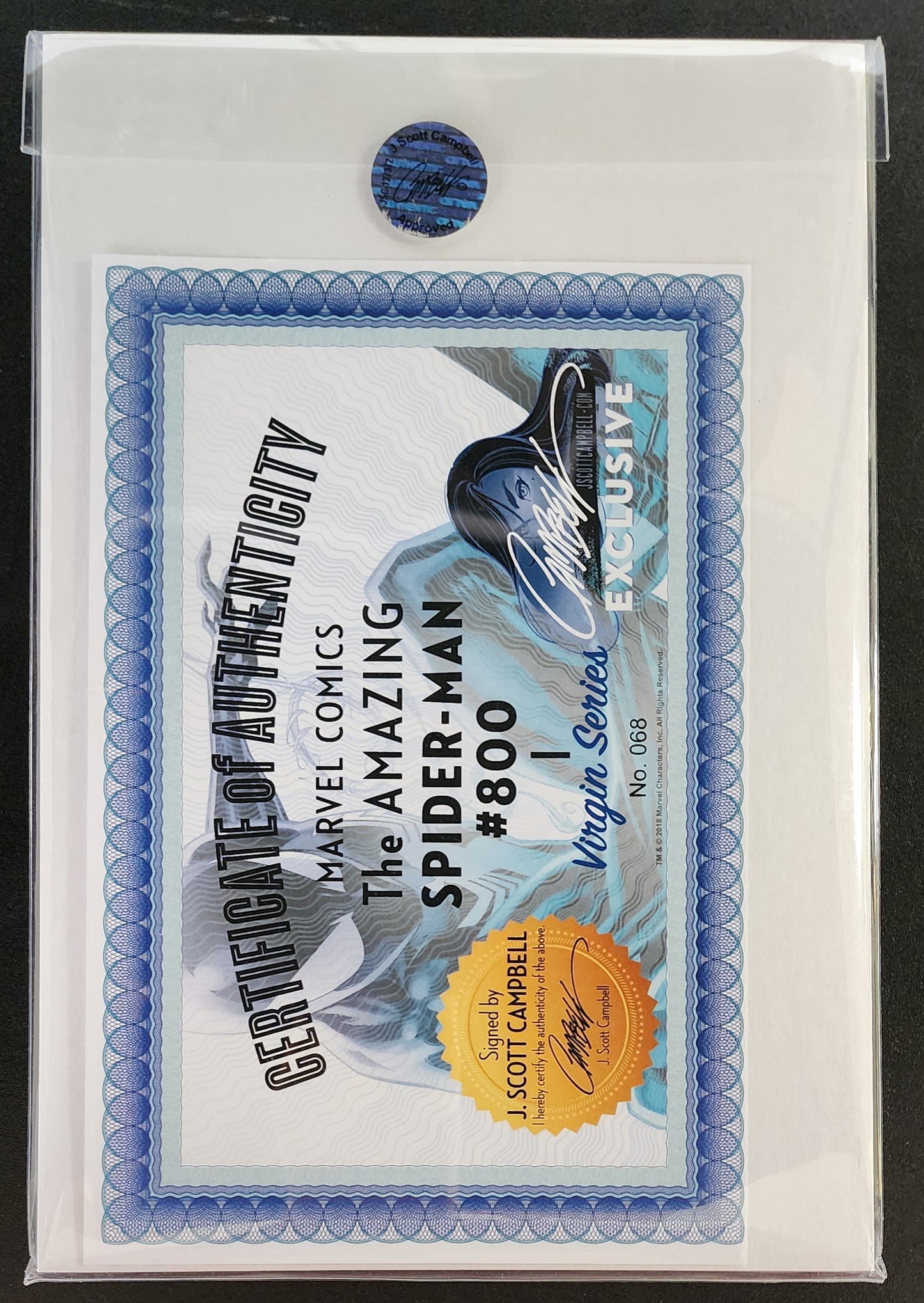 AMAZING SPIDER-MAN #800 BLACK SUIT SIGNED J SCOTT CAMPBELL COA VIRGIN VARIANT 2018 Spider-Man MARVEL COMICS