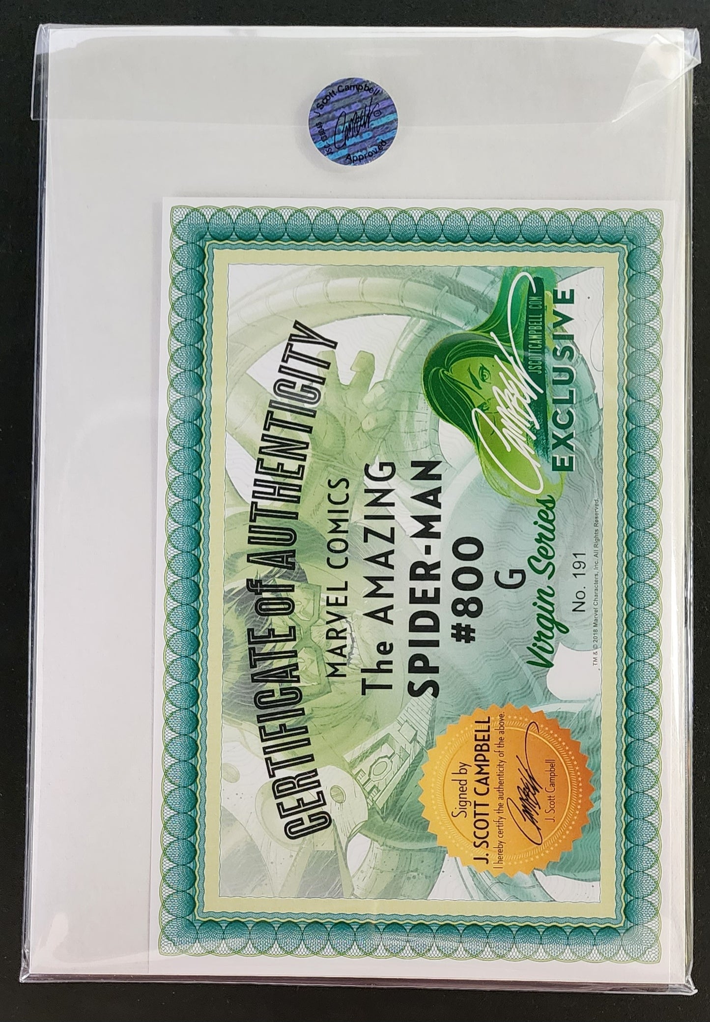 AMAZING SPIDER-MAN #800 DOC OCK SIGNED J SCOTT CAMPBELL COA VIRGIN VARIANT 2018 Spider-Man MARVEL COMICS