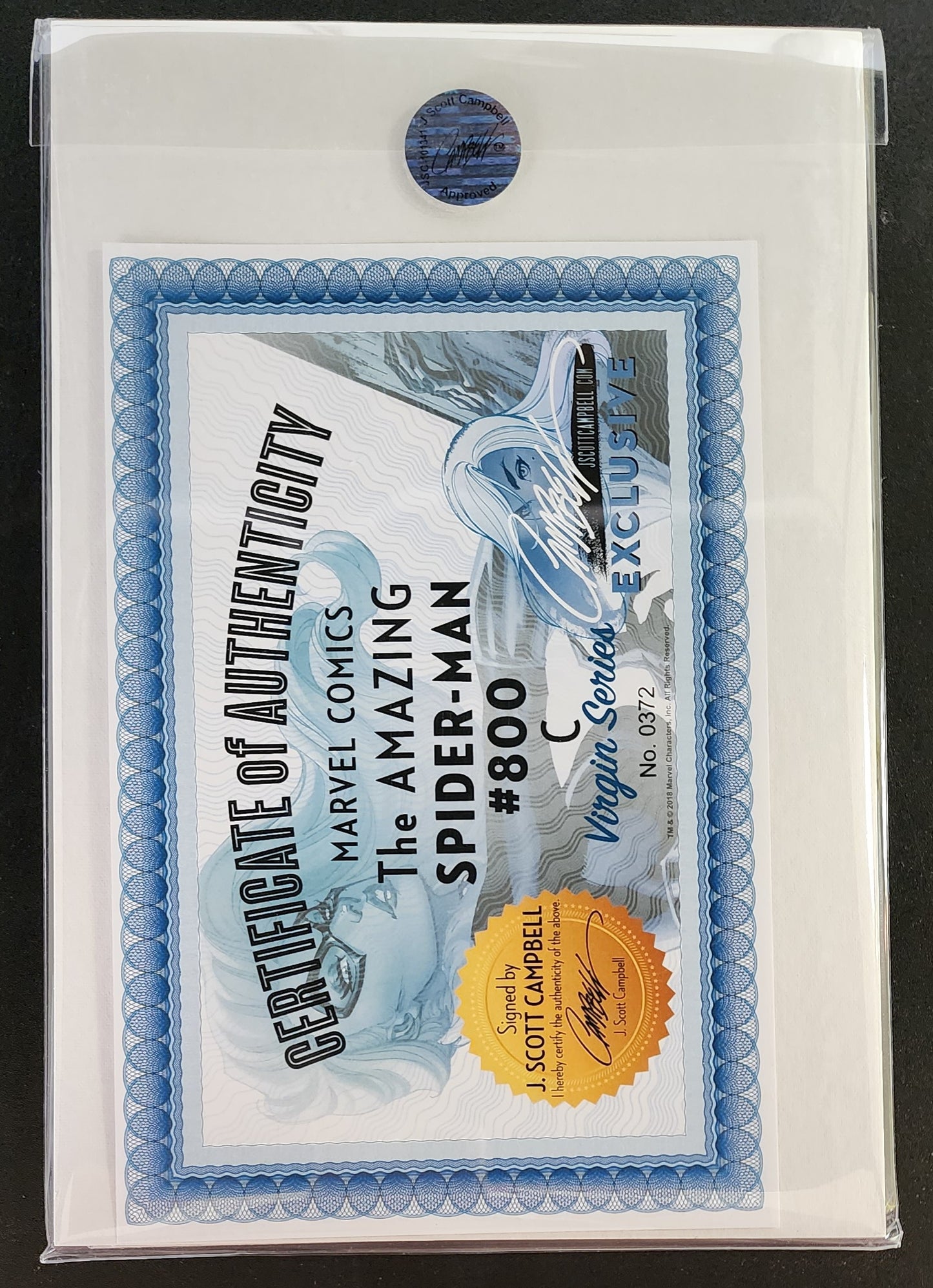 AMAZING SPIDER-MAN #800 BLACK CAT SIGNED J SCOTT CAMPBELL COA VIRGIN VARIANT 2018 Spider-Man MARVEL COMICS