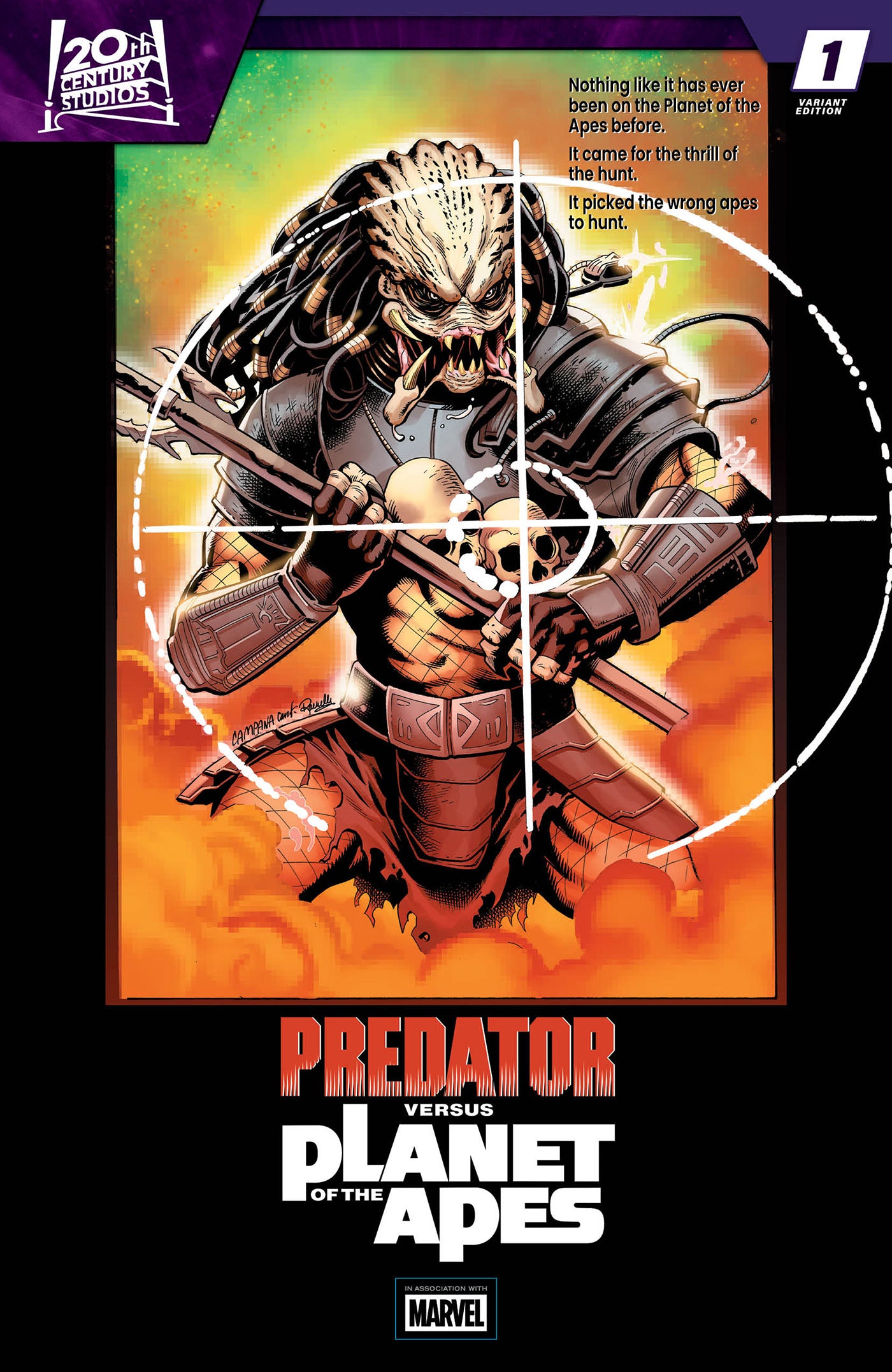 07/29/2026 PREDATOR VS. THE PLANET OF THE APES #1 CHRIS CAMPANA MOVIE POSTER HOMAGE VARIANT MARVEL