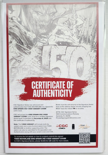 10/29/2025 KING SPAWN #50 1:1000 TODD MCFARLANE SIGNED VIRGIN PENCIL VARIANT CGC COA IMAGE COMICS