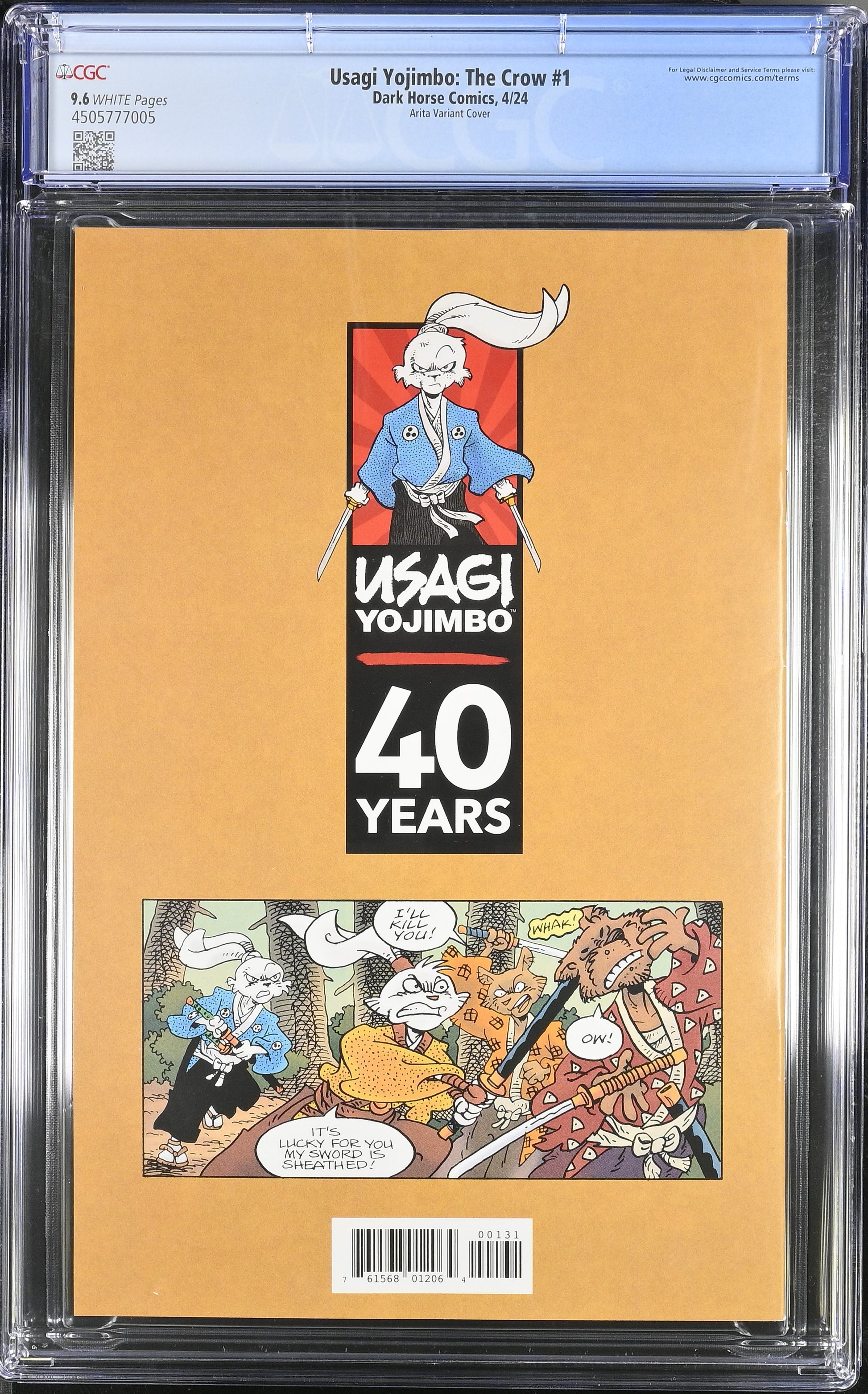 9.6 CGC USAGI YOJIMBO THE CROW #1 MITSUHIRO ARITA 1:40 VARIANT 2024 [4505777005] CGC DARK HORSE   