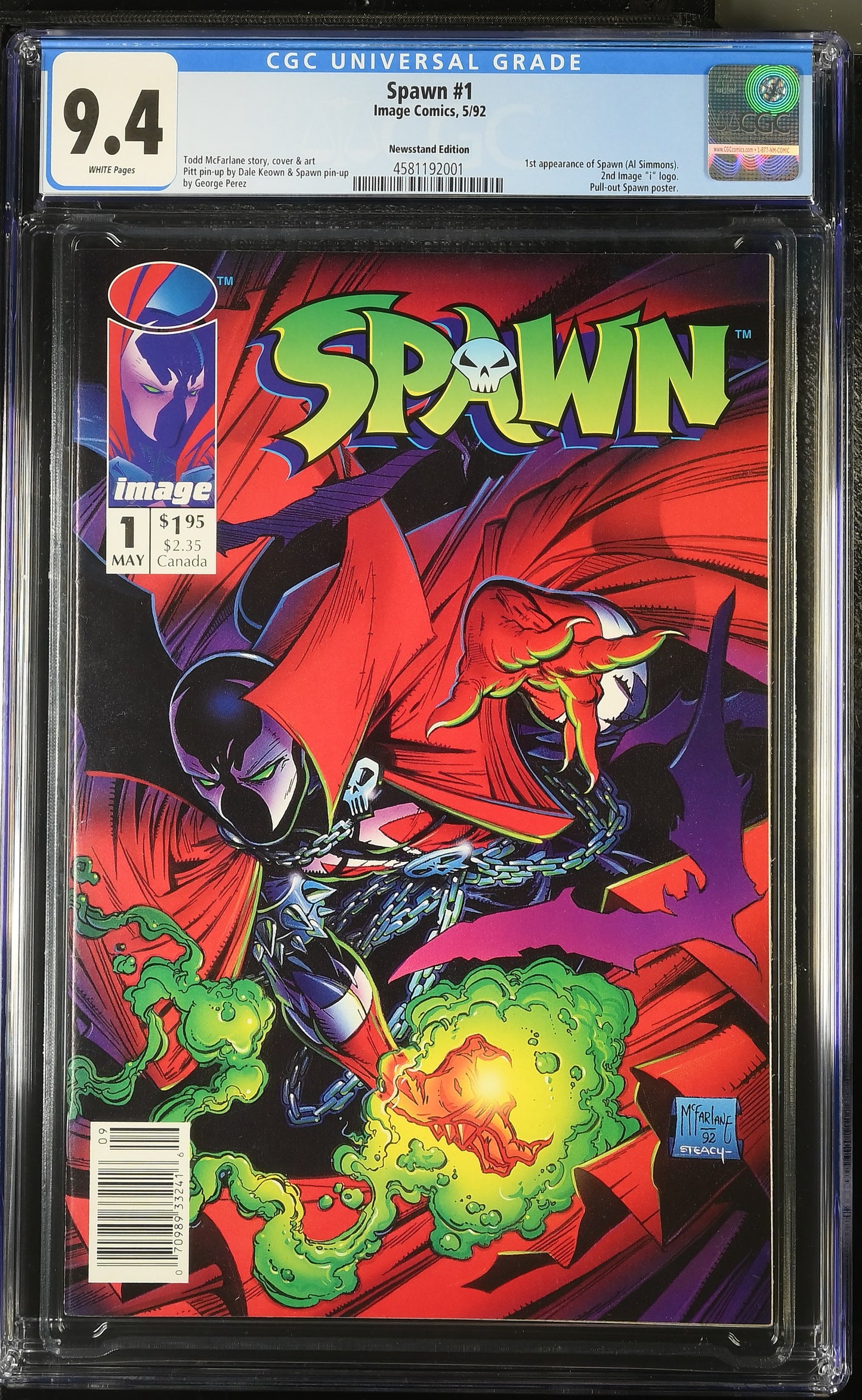 9.4 CGC SPAWN #1 1992 (1ST APP SPAWN) MCFARLANE NEWSSTAND [4581192001] Spawn IMAGE COMICS