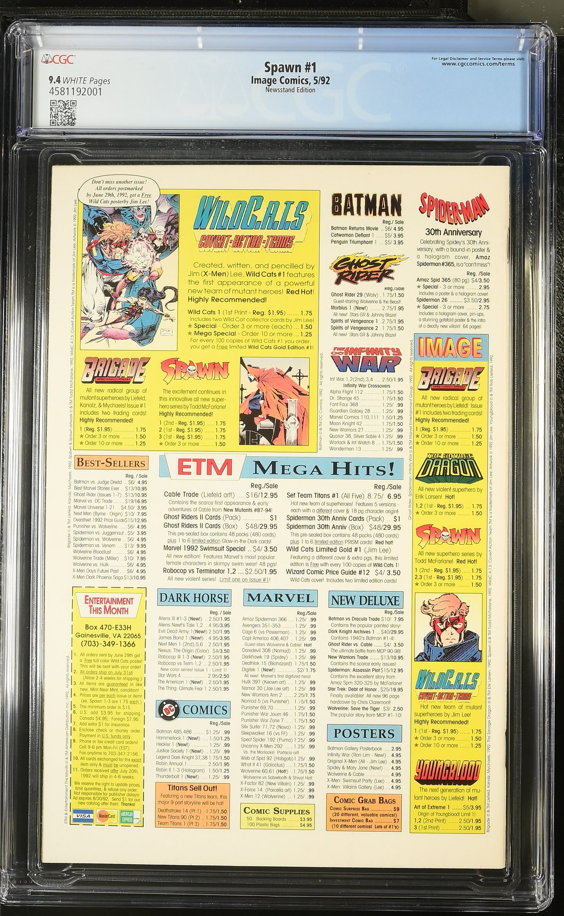 9.4 CGC SPAWN #1 1992 (1ST APP SPAWN) MCFARLANE NEWSSTAND [4581192001] Spawn IMAGE COMICS