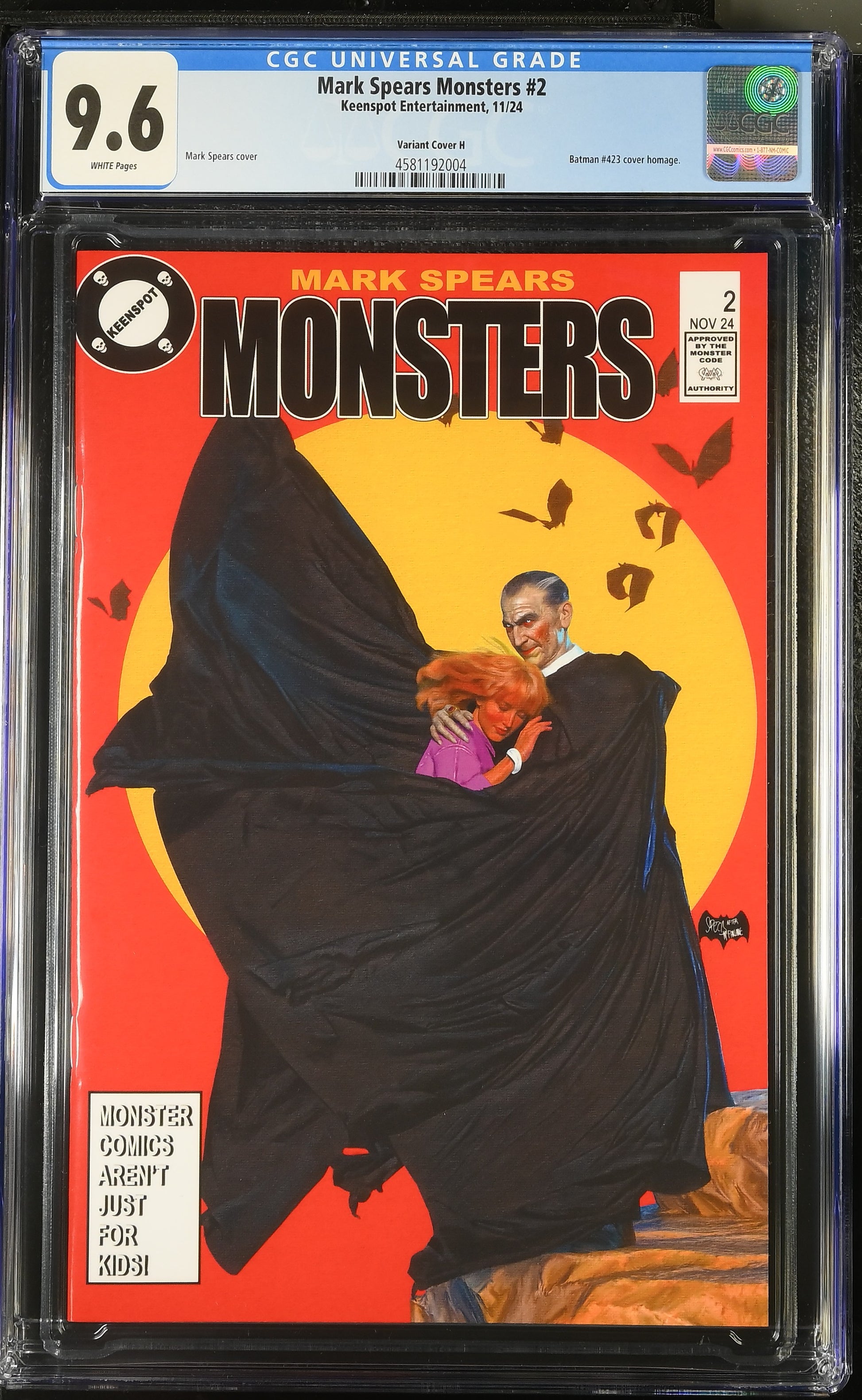 9.6 CGC MARK SPEARS MONSTERS #2 1:25 BATMAN HOMAGE VARIANT [4581192004] (AUCTION) Universal Monsters KEENSPOT ENTERTAINMENT