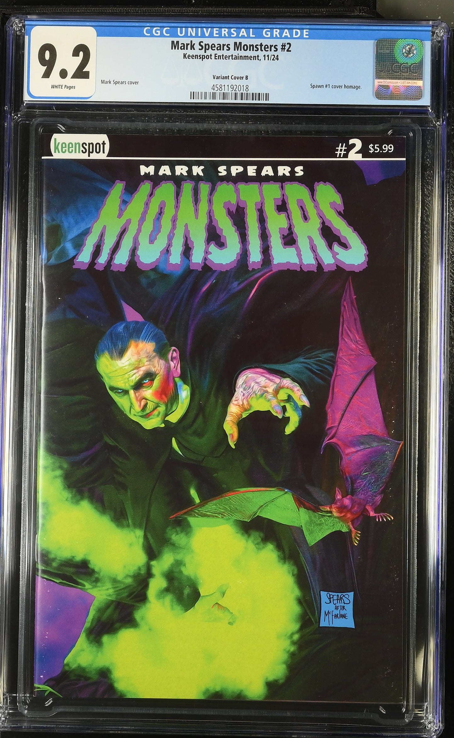 9.2 CGC MARK SPEARS MONSTERS #2 SPAWN HOMAGE VARIANT [4581192018] Universal Monsters KEENSPOT ENTERTAINMENT