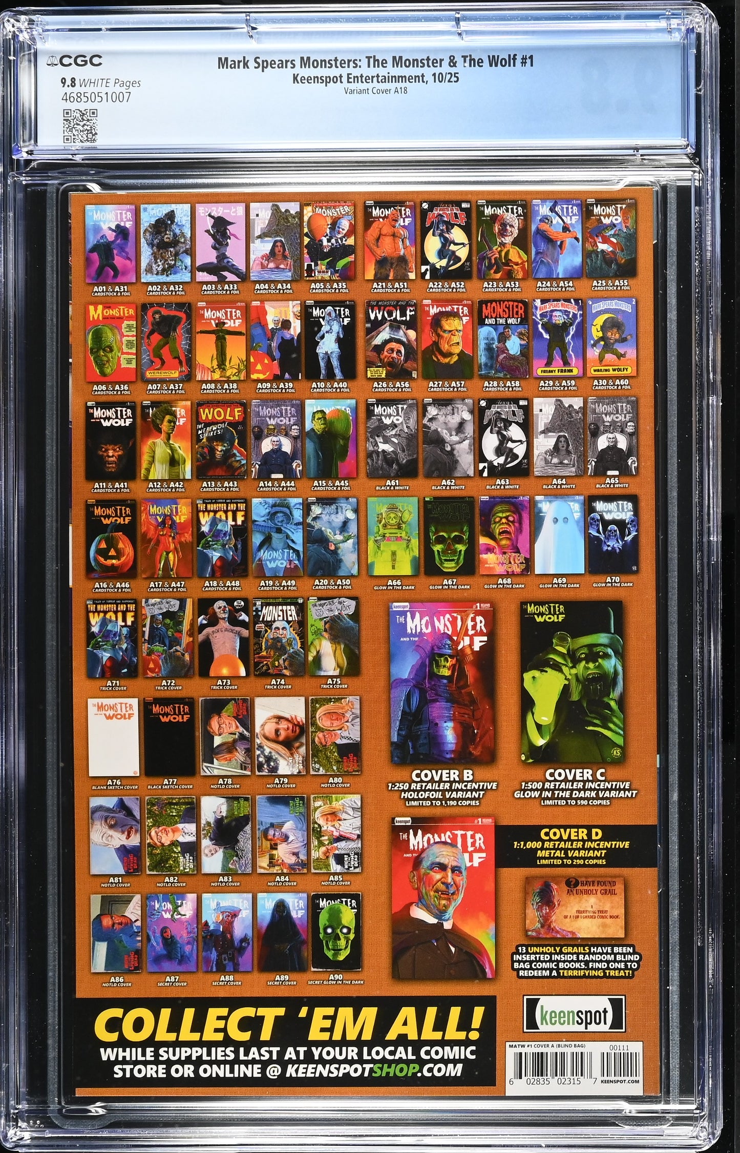 9.8 CGC MARK SPEARS MONSTERS MONSTER & WOLF #1 A18 HOMAGE VARIANT [4685051007] Universal Monsters KEENSPOT ENTERTAINMENT