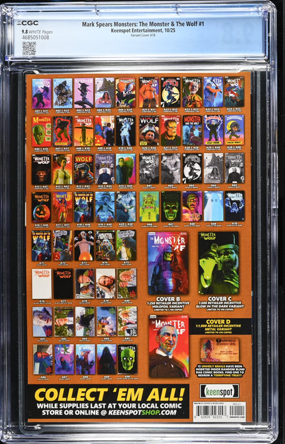 9.8 CGC MARK SPEARS MONSTERS MONSTER & WOLF #1 A18 HOMAGE VARIANT [4685051008] Universal Monsters KEENSPOT ENTERTAINMENT