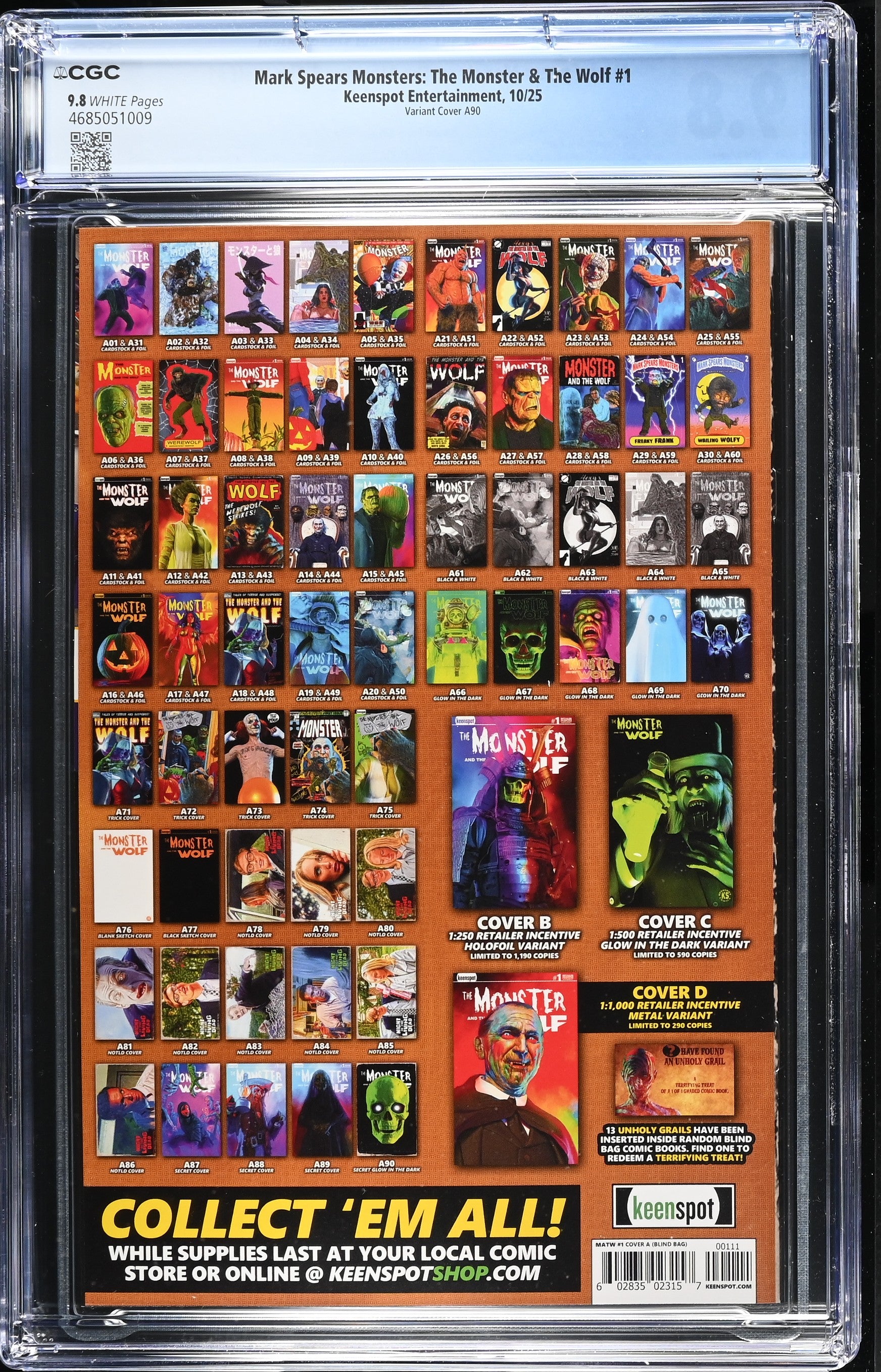 9.8 CGC MARK SPEARS MONSTERS MONSTER & WOLF #1 A90 GLOW IN THE DARK VARIANT [4685051009] Universal Monsters KEENSPOT ENTERTAINMENT