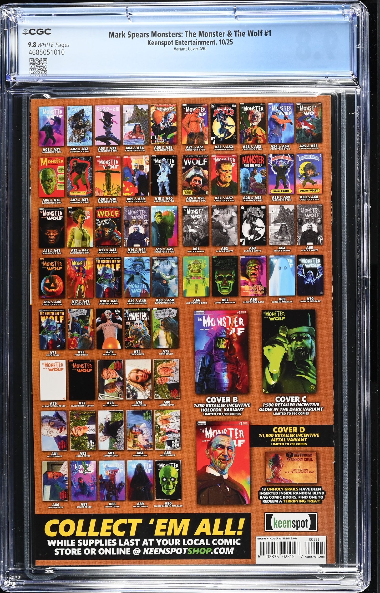 9.8 CGC MARK SPEARS MONSTERS MONSTER & WOLF #1 A90 GLOW IN THE DARK VARIANT [4685051010] Universal Monsters KEENSPOT ENTERTAINMENT