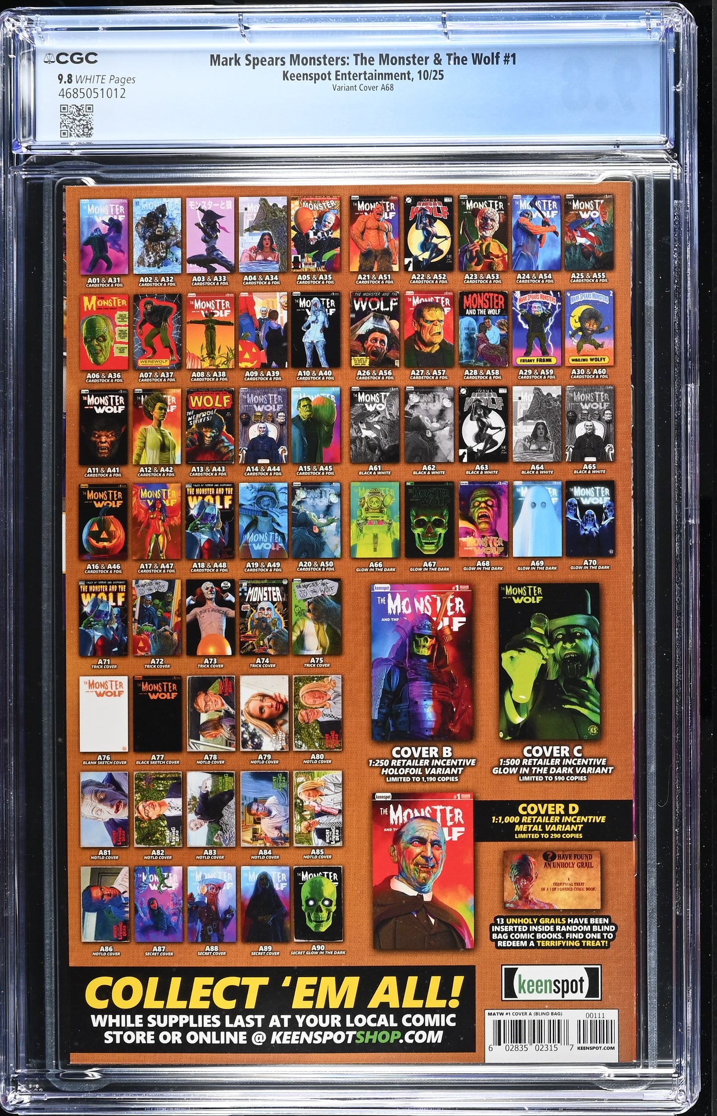 9.8 CGC MARK SPEARS MONSTERS MONSTER & WOLF #1 A68 GLOW IN THE DARK VARIANT [4685051012] Universal Monsters KEENSPOT ENTERTAINMENT