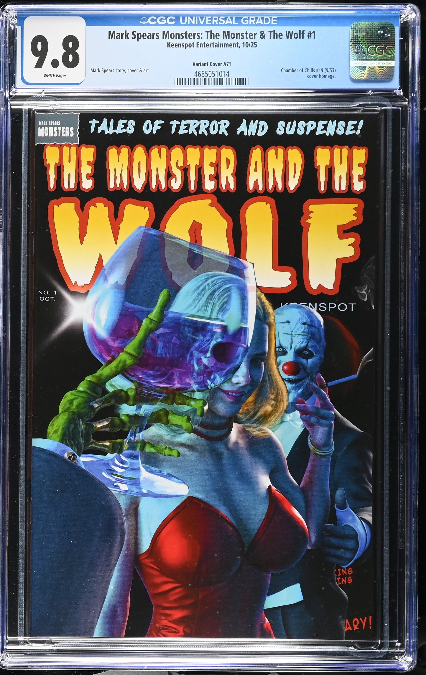9.8 CGC MARK SPEARS MONSTERS MONSTER & WOLF #1 A71 HOMAGE TRICK VARIANT [4685051014] Universal Monsters KEENSPOT ENTERTAINMENT