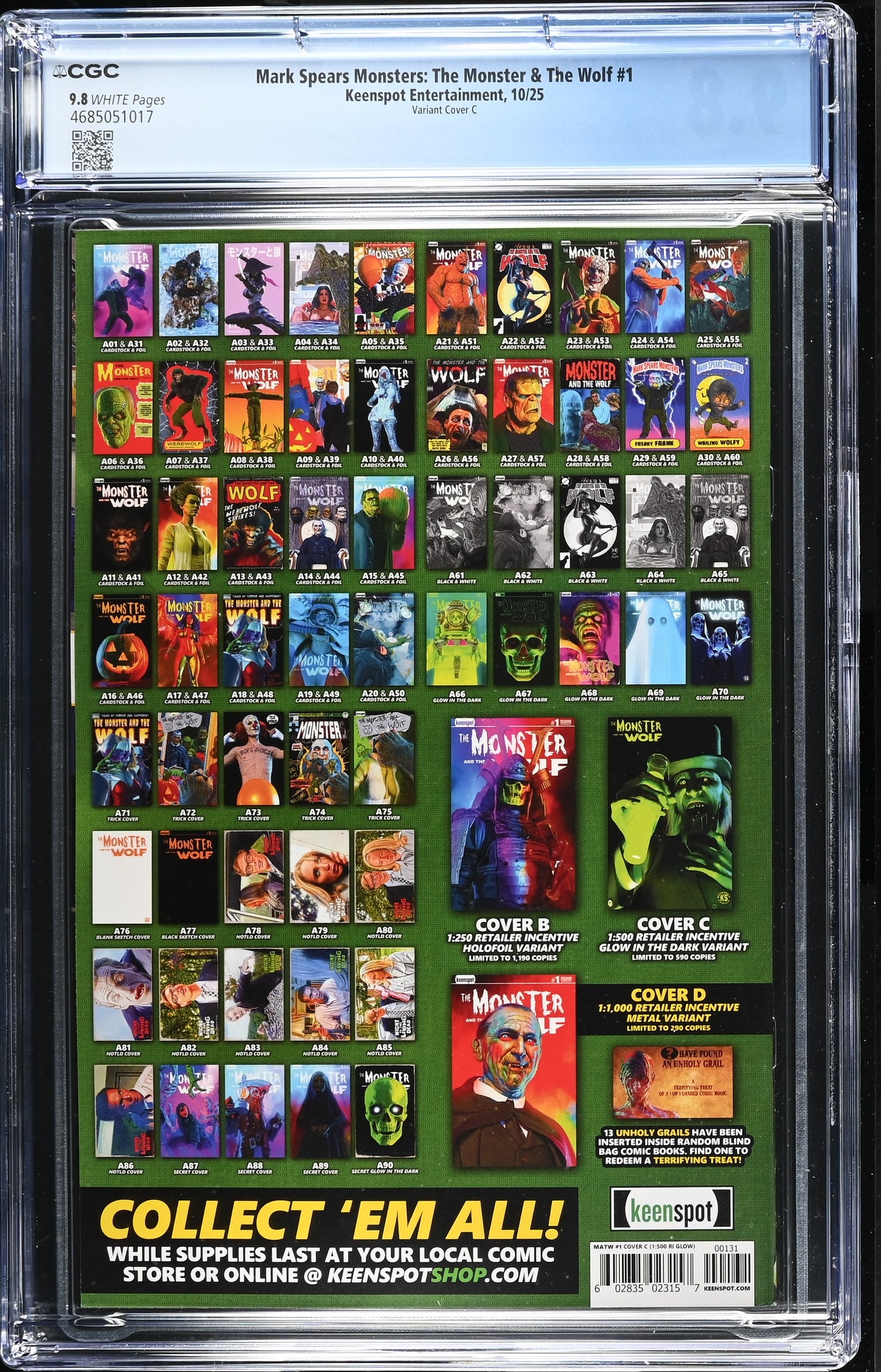 9.8 CGC MARK SPEARS MONSTERS MONSTER & WOLF #1 1:500 GLOW IN THE DARK VARIANT [4685051017] Universal Monsters KEENSPOT ENTERTAINMENT