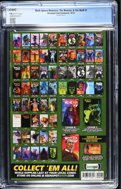 9.8 CGC MARK SPEARS MONSTERS MONSTER & WOLF #1 1:500 GLOW IN THE DARK VARIANT [4685051017] Universal Monsters KEENSPOT ENTERTAINMENT