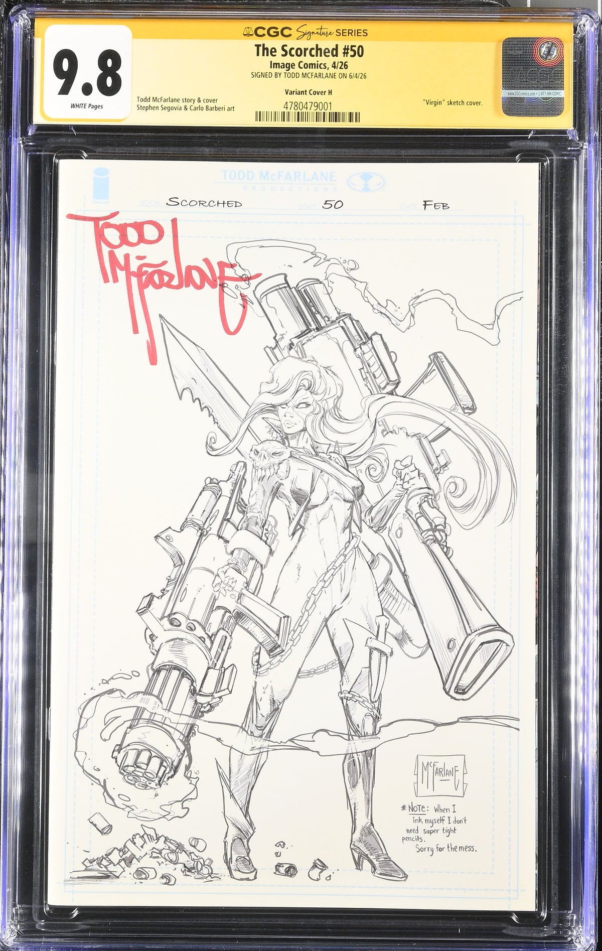 9.8 CGC SCORCHED SPAWN #50 1:1000 PENCIL SKETCH VARIANT SIGNED TODD MCFARLANE [4780479001] Spawn CGC