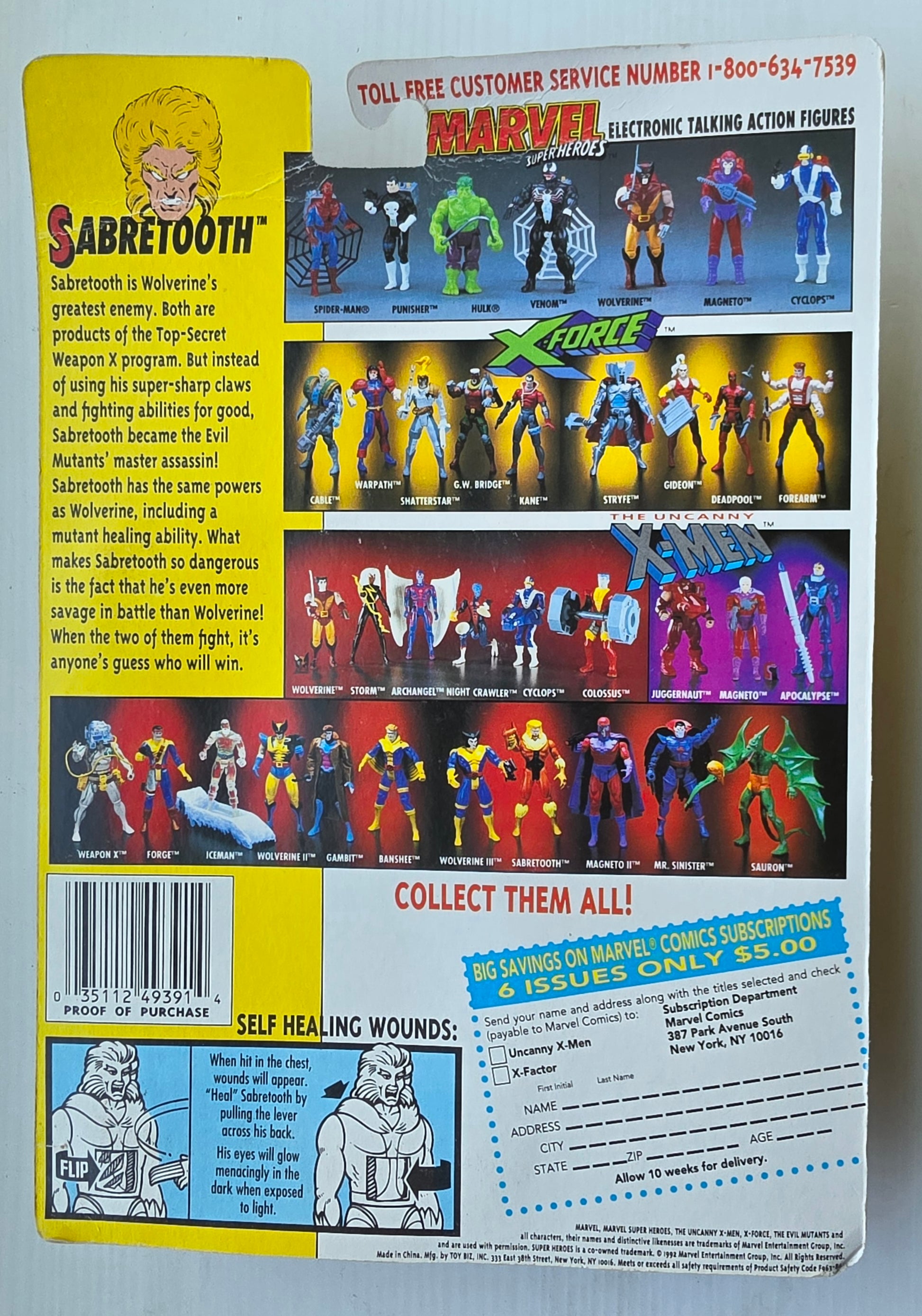 TOY BIZ UNCANNY SABRETOOTH SELF HEALING WOUNDS 1992 X-Men Toy Biz