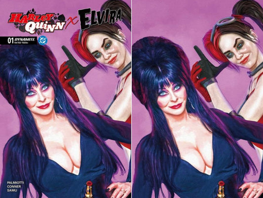 HARLEY QUINN X ELVIRA #1 MARK SPEARS PINK TRADE DRESS & VIRGIN SET 2025 DYNAMITE ENTERTAINMENT
