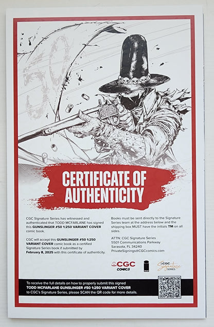 02/11/2026 GUNSLINGER SPAWN #50 1:250 TODD MCFARLANE SIGNED BLUE INK VARIANT Spawn IMAGE COMICS