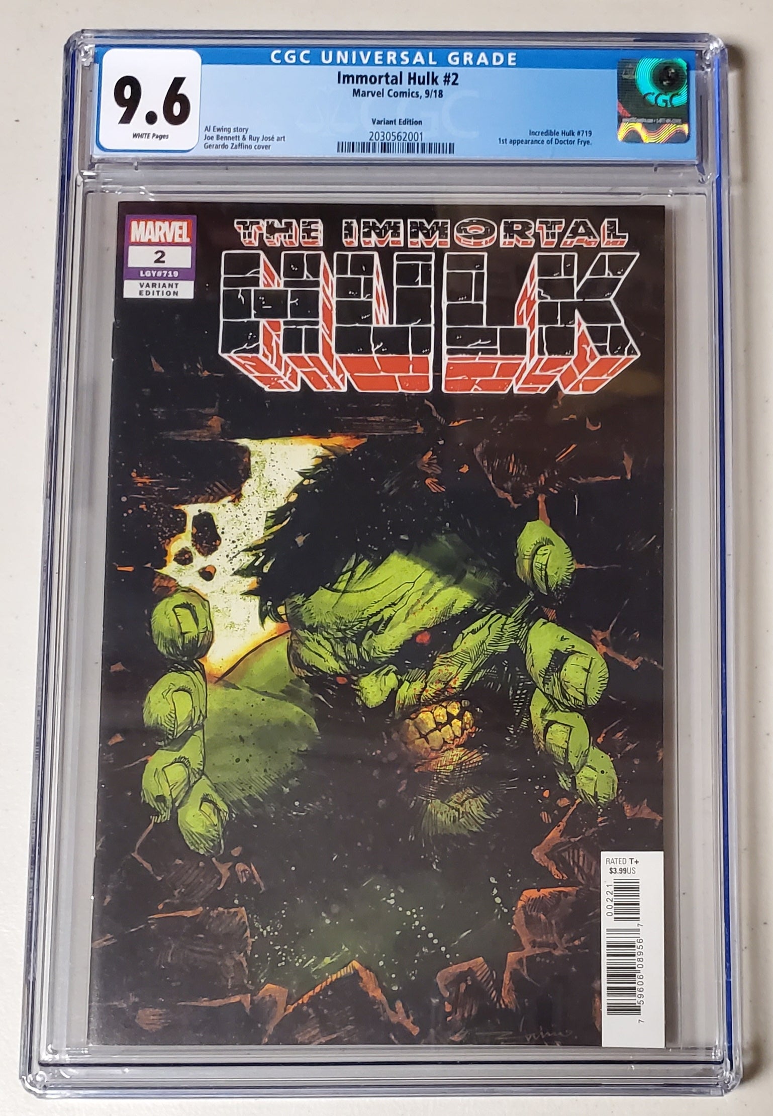 9.6 CGC Immortal Hulk #2 1:25 Zaffino Variant 1st App Dr Frye Marvel Comics 2018 Immortal Hulk CGC   