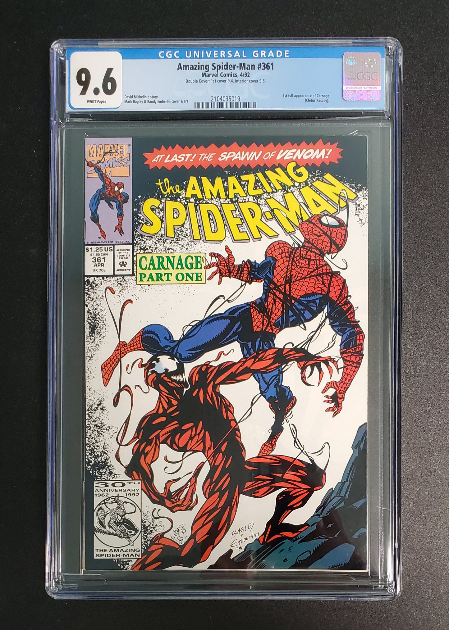 CGC DOUBLE COVER 9.4 (1st Cover) 9.6 (Interior Cover) Amazing Spider-Man #361 (1st App Carnage) 1992 [2104035019]