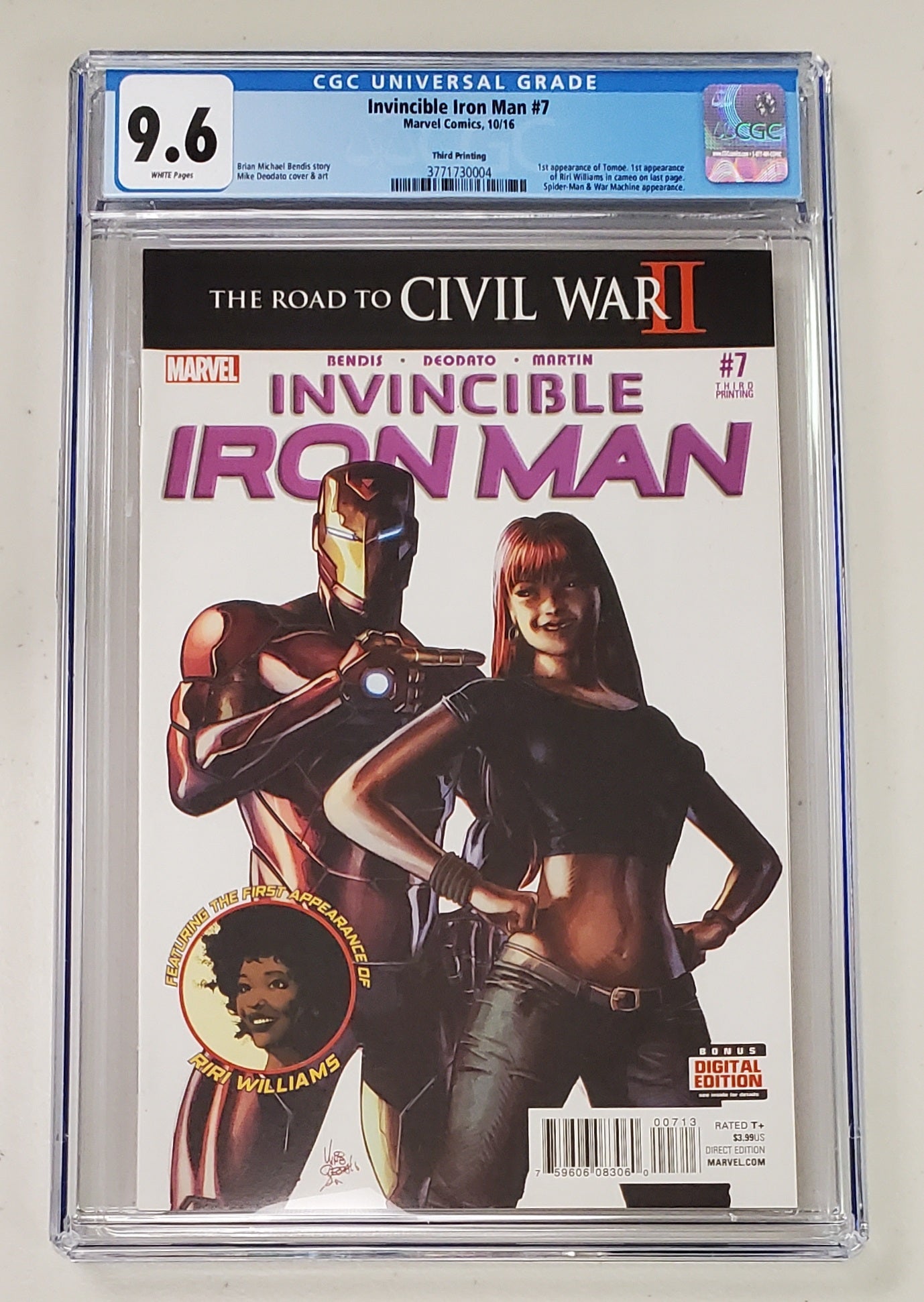 9.6 CGC INVINCIBLE IRON MAN #7 3RD PRINT (1ST APP CAMEO RIRI WILLIAMS) 2016 [377173004] CGC MARVEL COMICS   