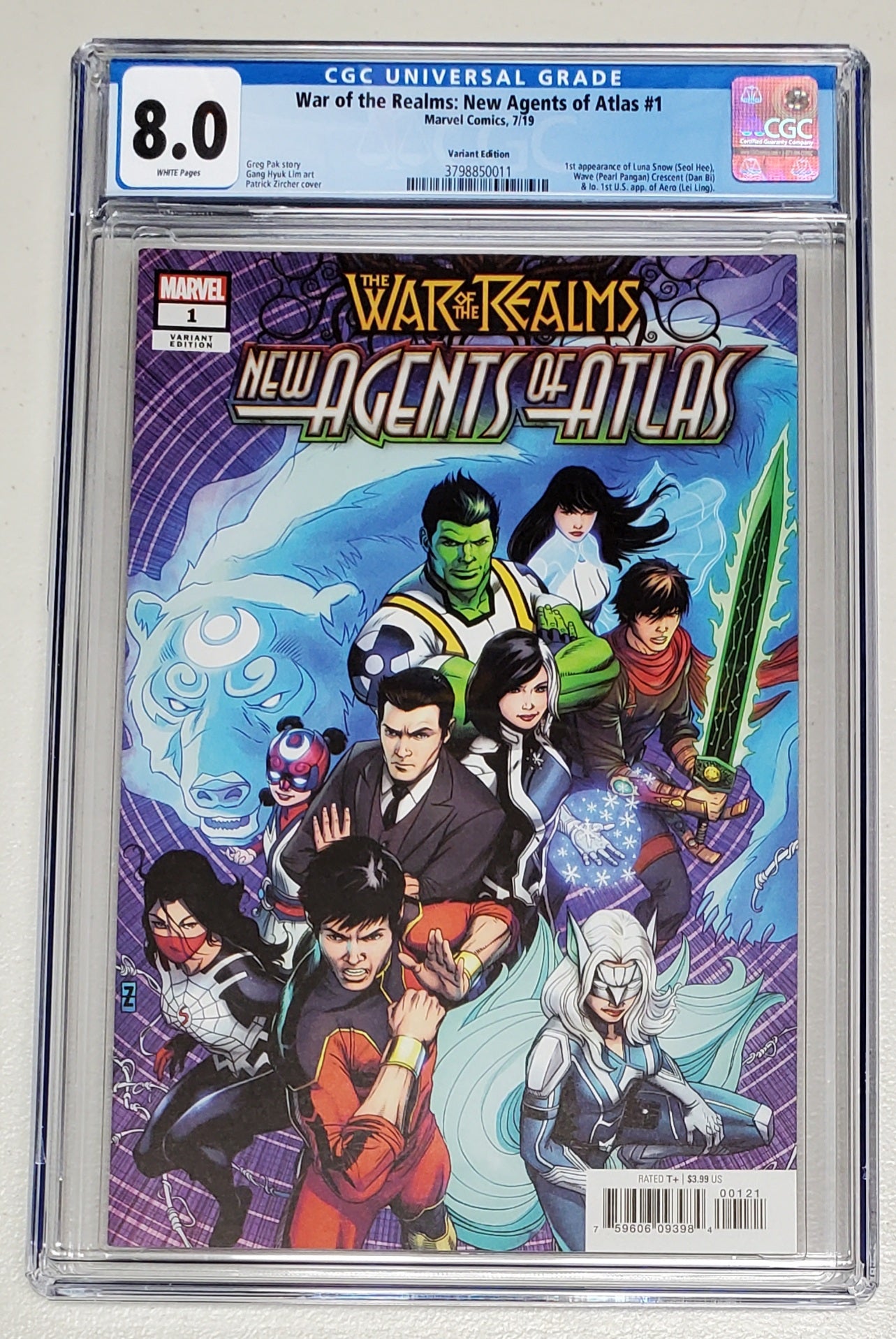 8.0 CGC War of Realms New Agents of Atlas #1 1:50 Zircher Variant (1st App Wave, Crescent & IO, Aero) 2019 [3798850011] CGC CGC   