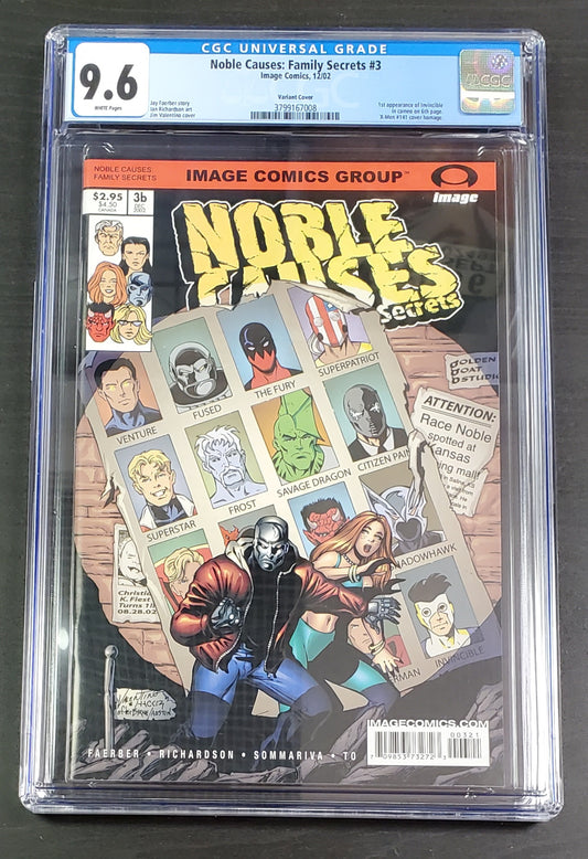 9.6 CGC NOBLE CAUSES FAMILY SECRETS #3 HOMAGE VARIANT 2002 (1ST APP INVINCIBLE CAMEO) [3799167008]