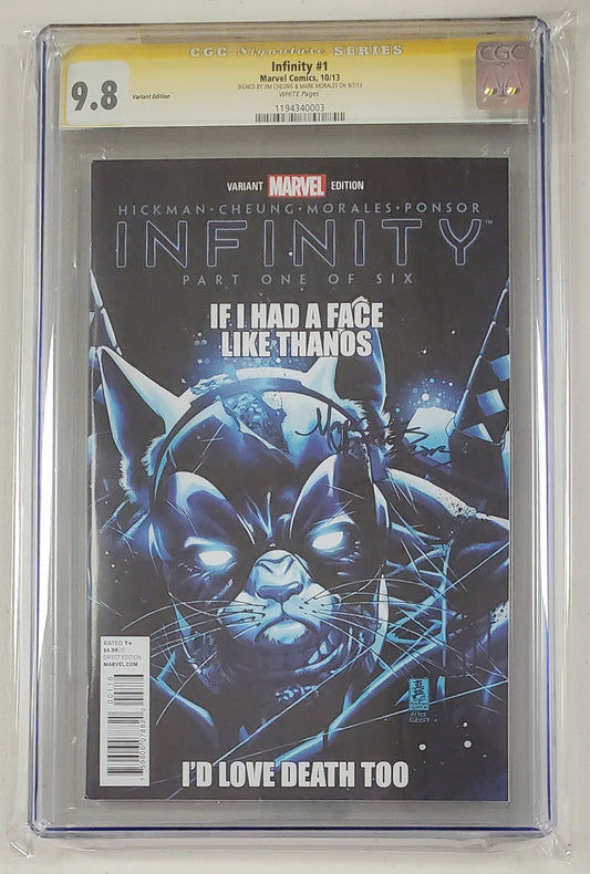 9.8 CGC SS Infinity #1 Deadpool Party Variant Double Signed by Jim Cheung & Mark Morales [119430003]