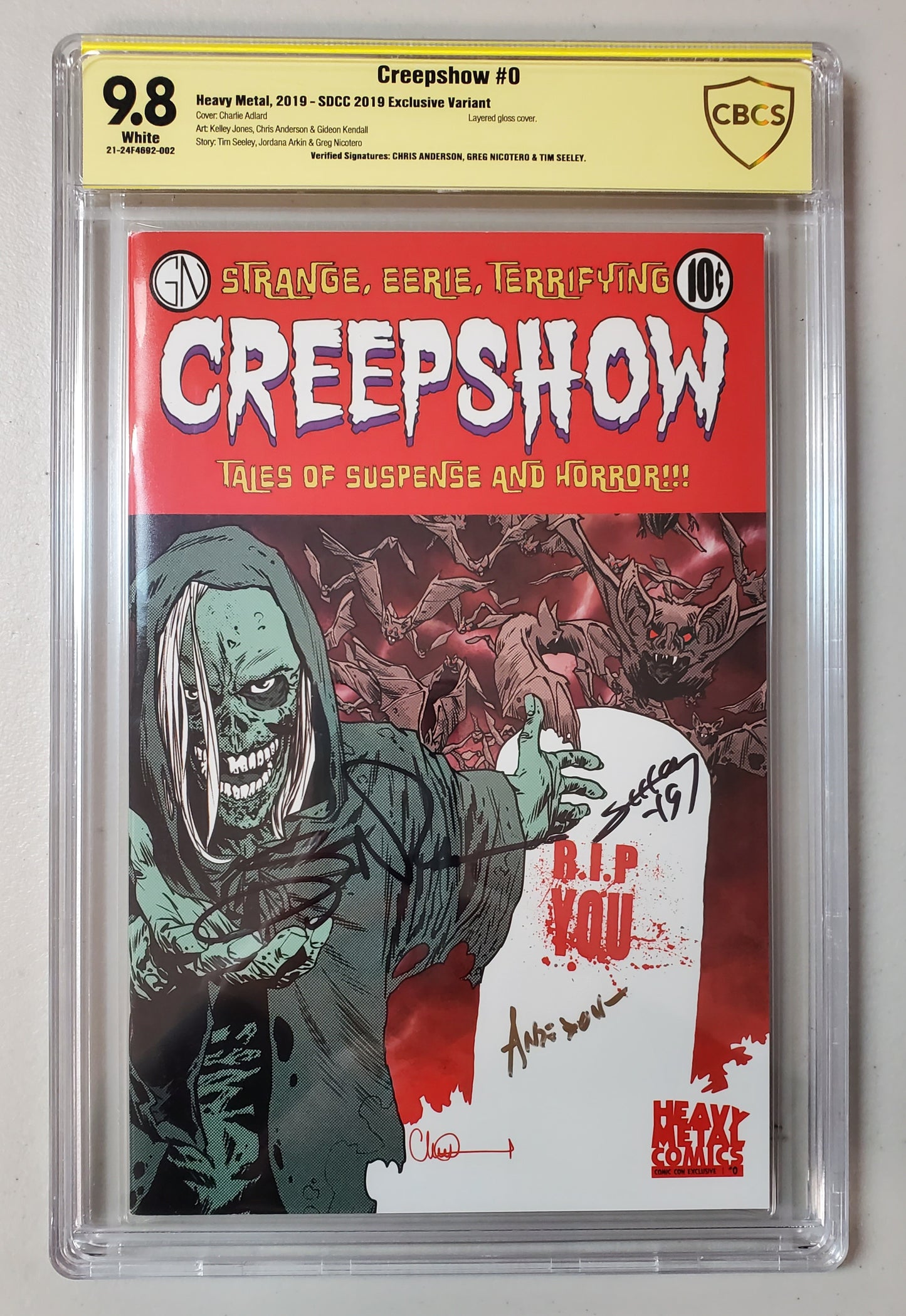 9.8 CBCS CREEPSOW #0 SDCC VARIANT SIGNED BY CHRIS ANDERSON, GREG NICOTERO & TIM SEELEY