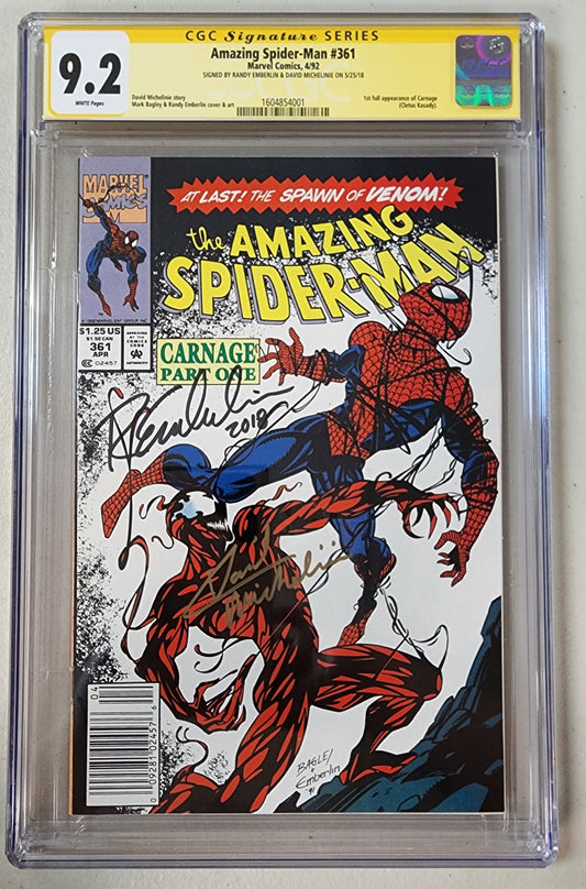 9.2 CGC AMAZING SPIDER-MAN #361 (1ST APP CARNAGE) NEWSSTAND SIGNED BY EMBERLIN & MICHELINIE [3697391004]