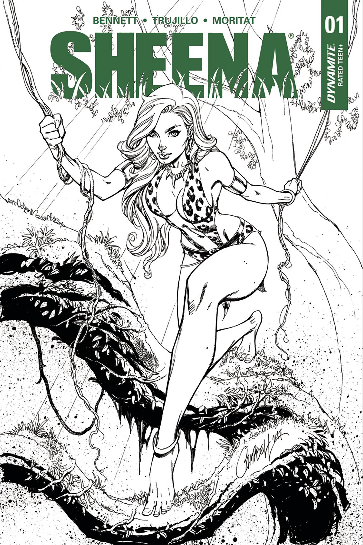 SHEENA #1 1:30 J SCOTT CAMPBELL B&W VARIANT 2017 COMIC BOOK Dynamite Entertainment   